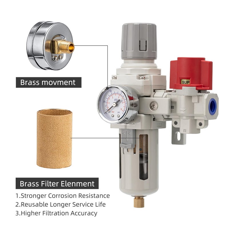 LNCHKA Industrial Air Compressor Filter Regulator Combo 3/8" NPT 0-150 PSI Gauge,Semi-Auto Drain,Pressure relief 3 port valve,5 Micron Water Separator for Pneumatic Tools - Image 4